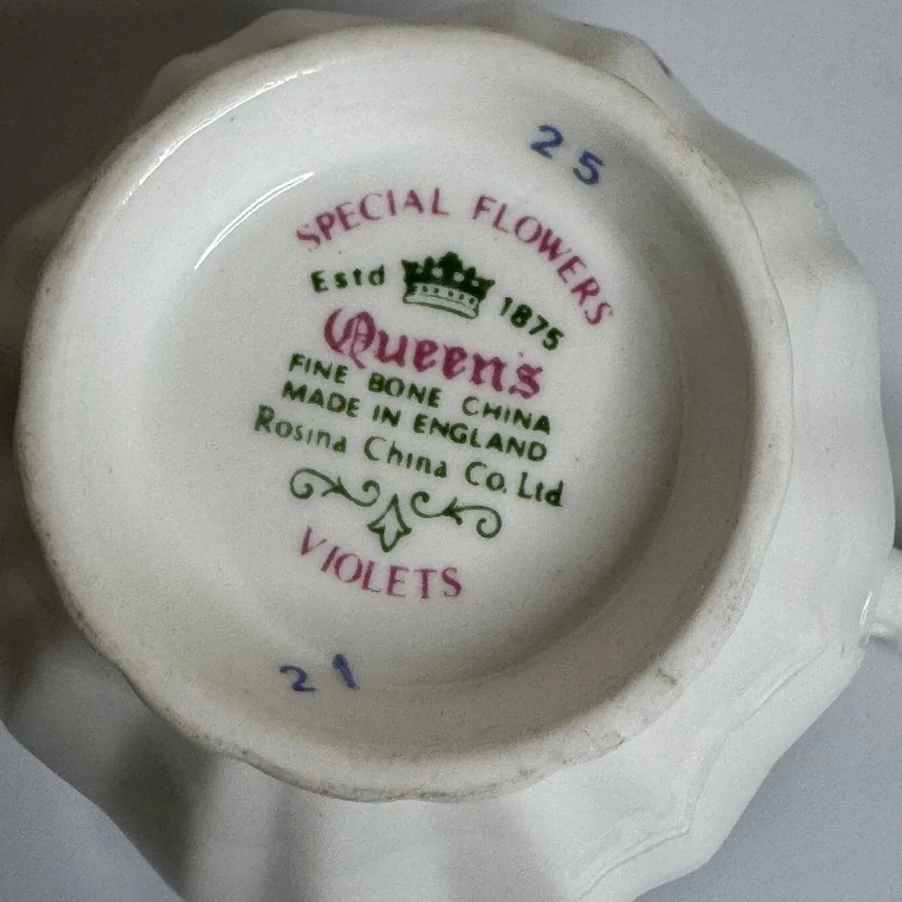 Queens Special Flowers Violets Fine Bone China Tea Cup Rosina China Co England